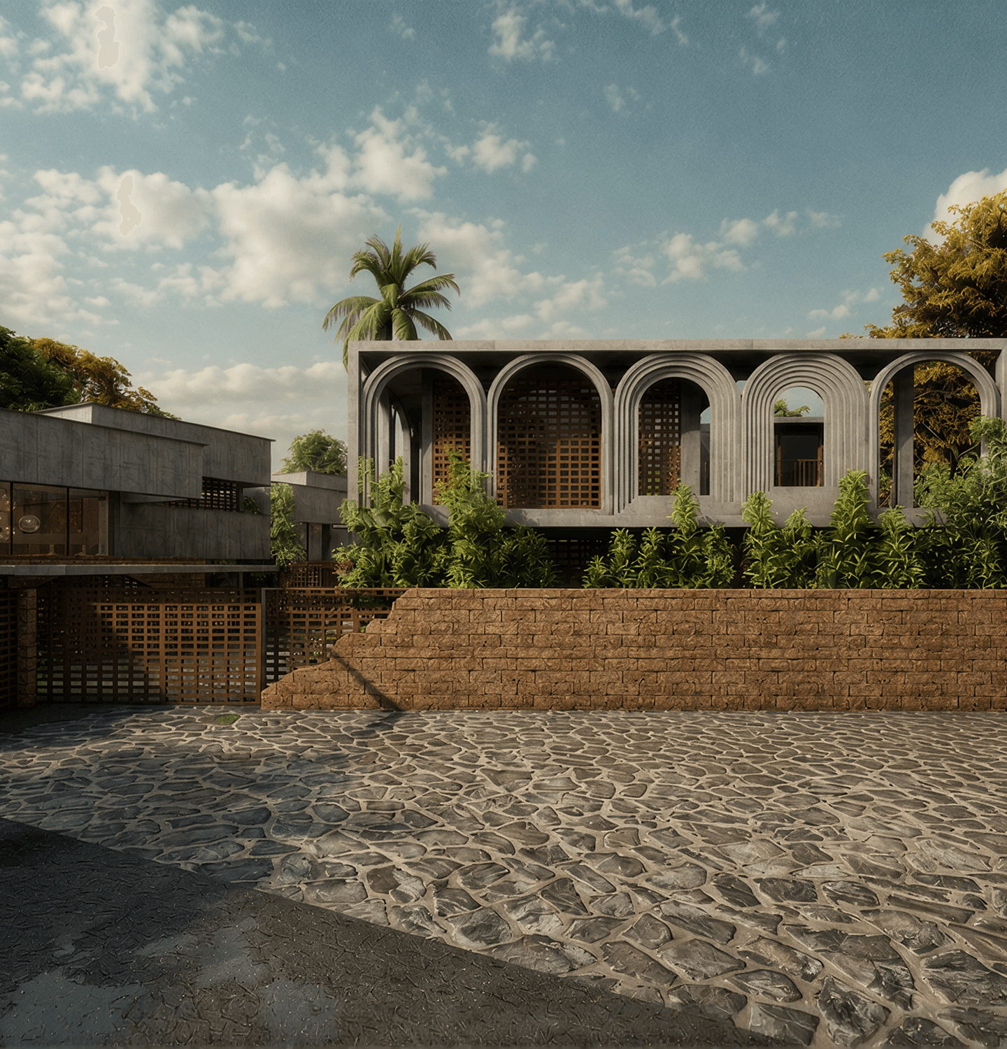 Vanam Villas tropical residences surrounded by landscaping in Anjuna, Goa