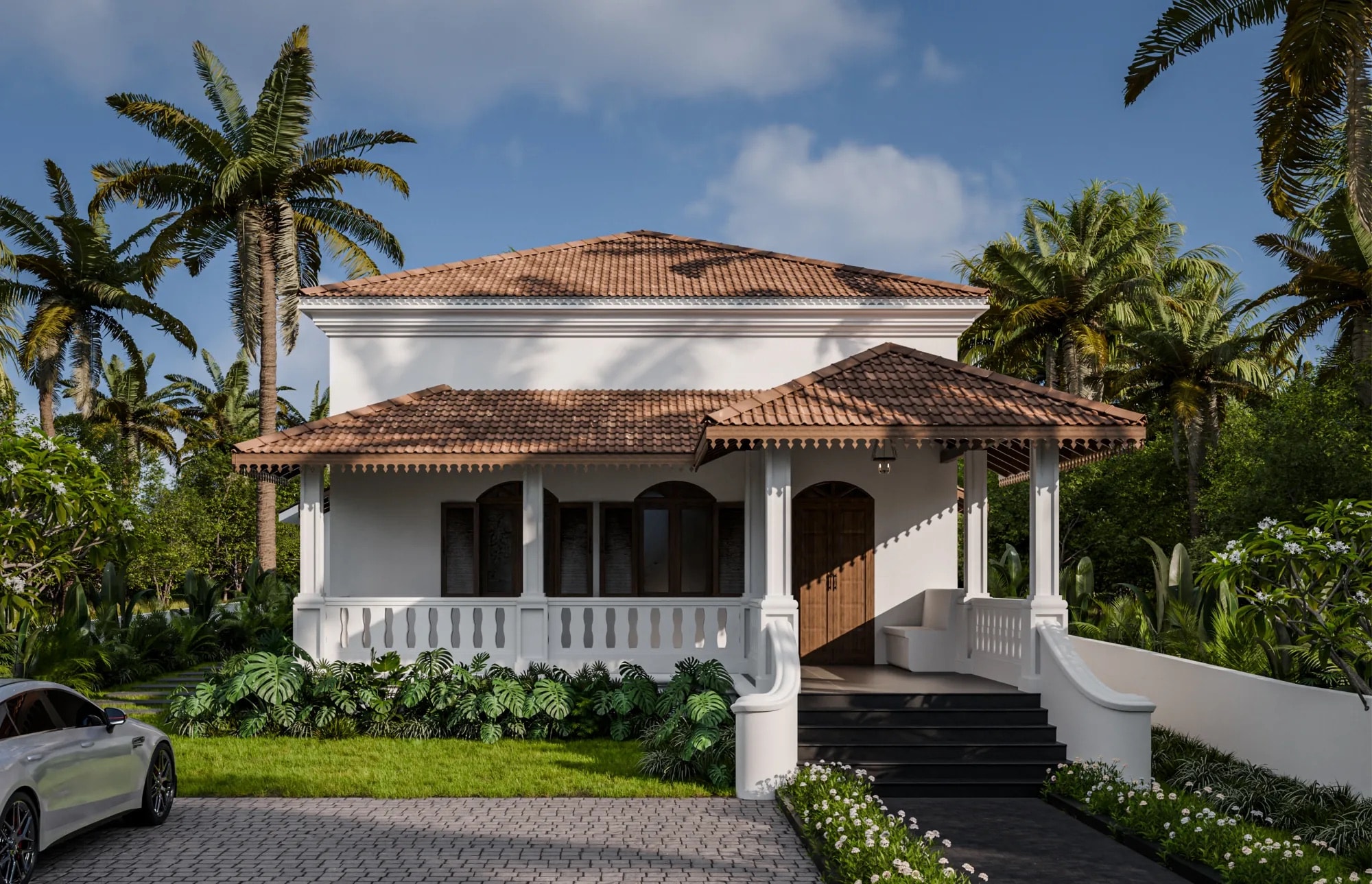 Restored Goan architecture and landscaped garden at Villa El Salva