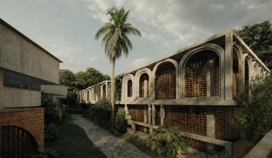 Vanam villa exterior with arched facade