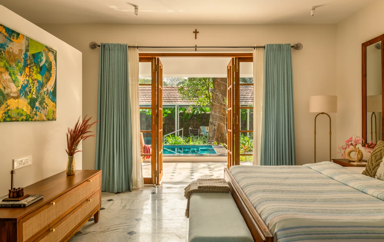 Restored facade and garden of Villa Perola in Goa