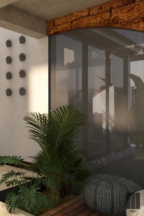 Earth-toned interior framed by soft architectural light